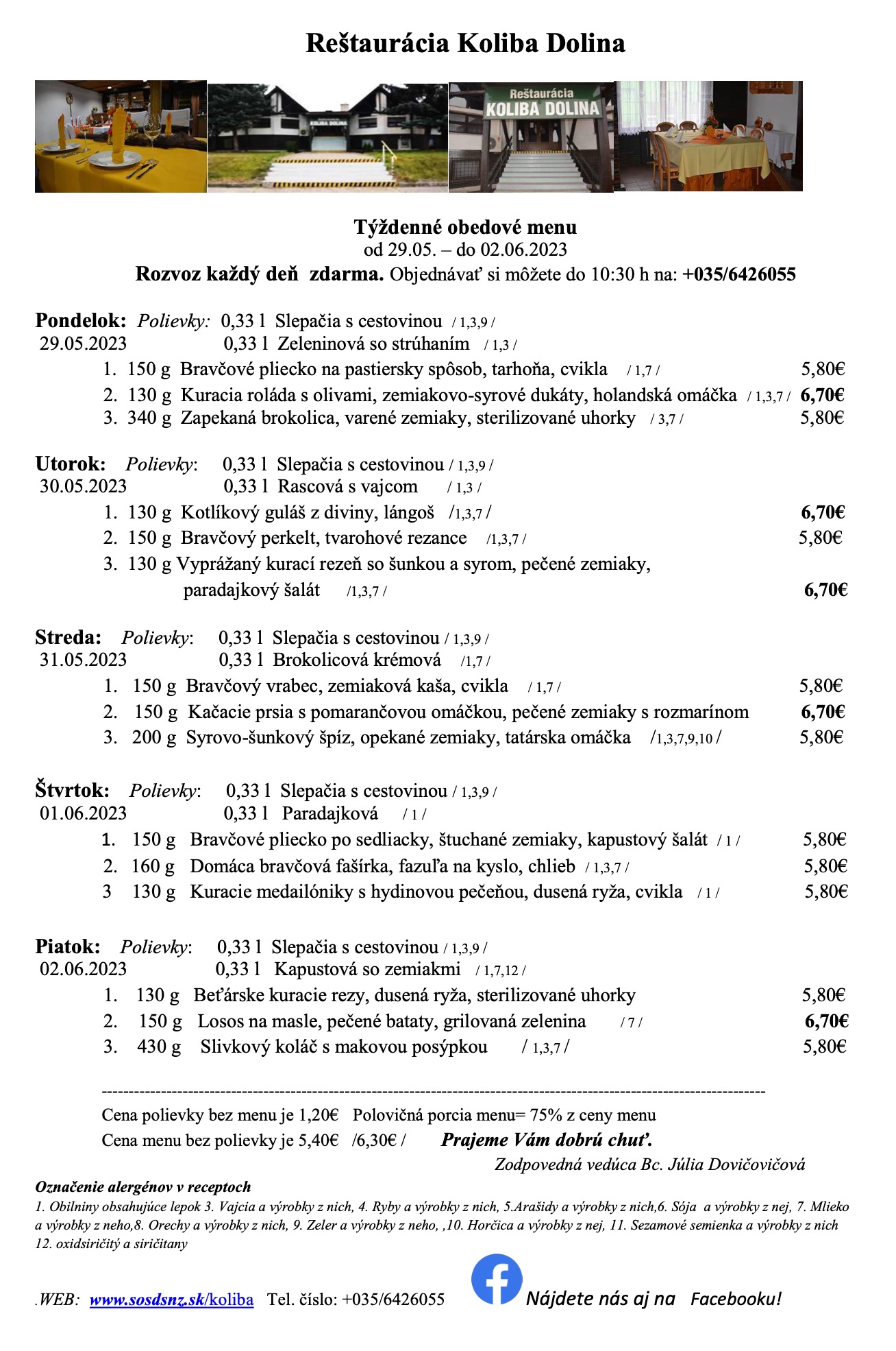 obedove menu Koliba Nove Zamky