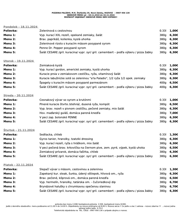 Pizzeria palladio obedove menu nove zamky