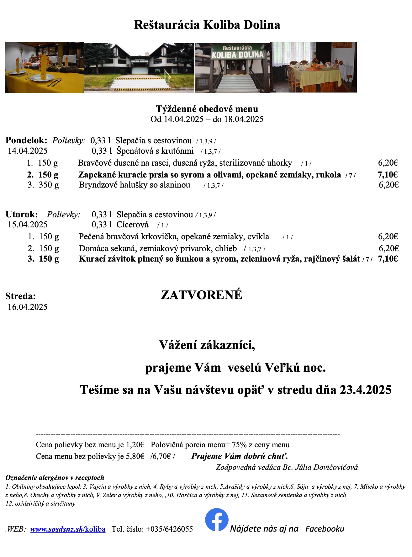 obedove menu nove zamky koliba dolina